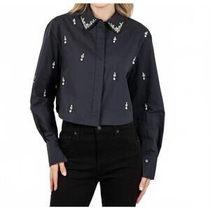 NEW SIMKHAI embellished cropped top long sleeve shirt in black